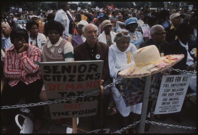 Senior citizens at a march along Lake Shore Drive, Chicago. October 1973.